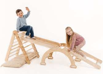 Juego de trepa Montessori 5en1: Escalera triangular + Arco/balancín + Tobogán/rampa + Cuerda de red + Cojín