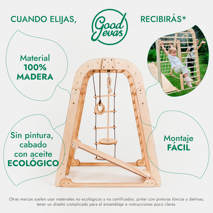 Parque infantil de madera para interior - Parque infantil 6en1 + Juego de columpios + Tobogán