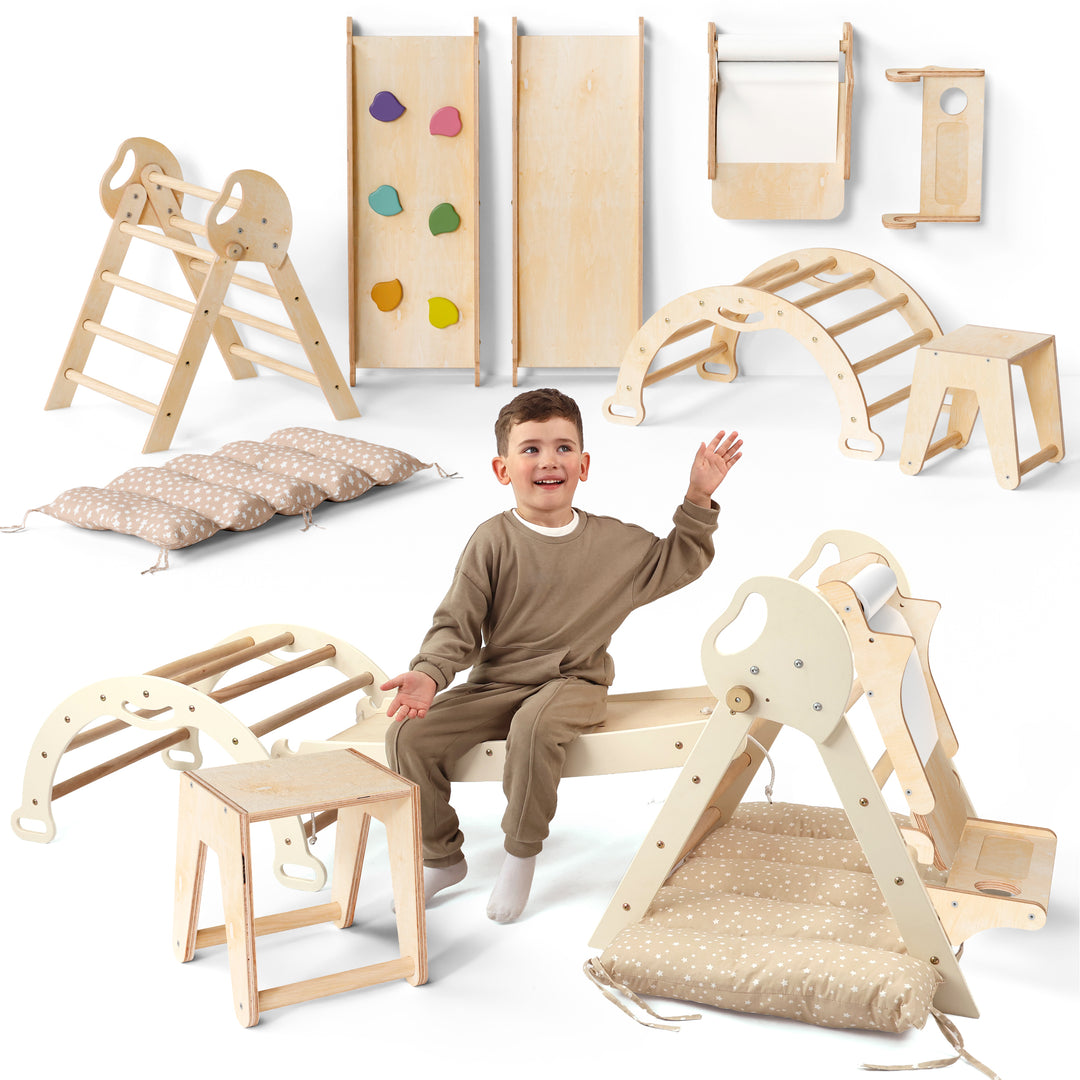 Set de Escalada 5 en 1 para Niños Pequeños: Escalera Triangular + Arco/Rocker + Tobogán/Rampa + Arte Adicional + Cojín