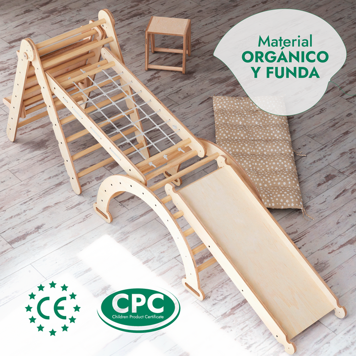 6en1 Montessori Juego de trepa: Escalera Triangular + Arco/Rocker + Tobogán/Rampa + Red + Cojín + Arte Adicional