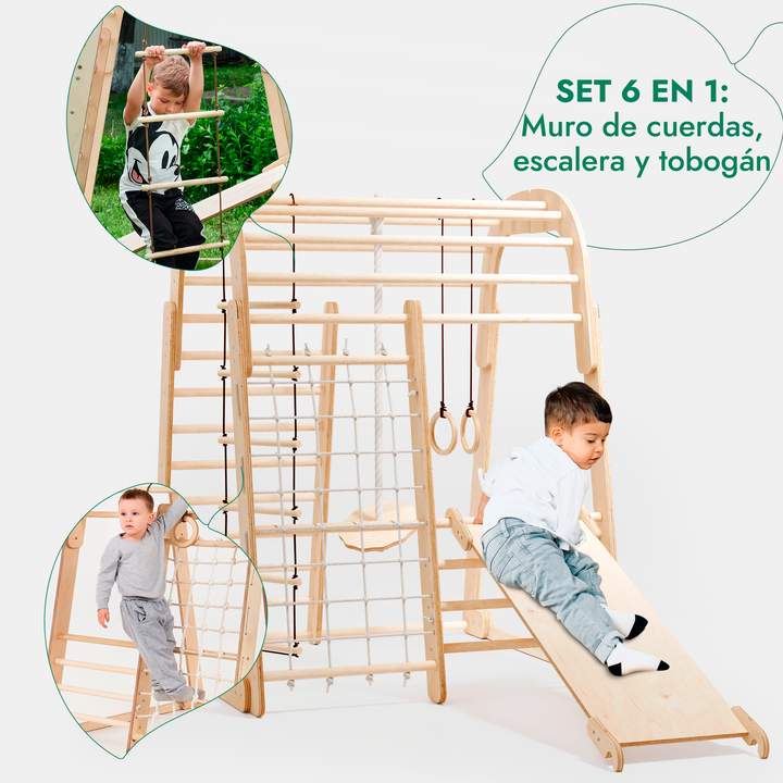 Parque infantil de madera para interior - Parque infantil 6en1 + Juego de columpios + Tobogán