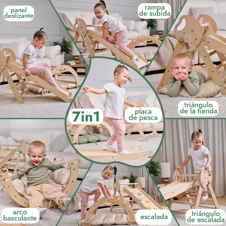Set de Escalada 4 en 1 para Niños Pequeños: Escalera Triangular + Arco/Rocker + Tobogán/Rampa + Cojín