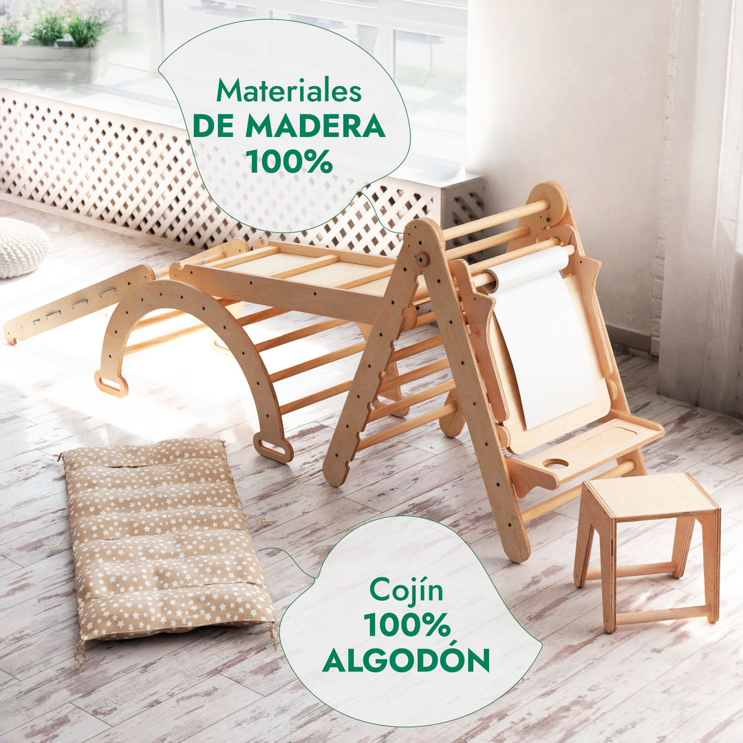 6en1 Montessori Juego de trepa: Escalera Triangular + Arco/Rocker + Tobogán/Rampa + Red + Cojín + Arte Adicional