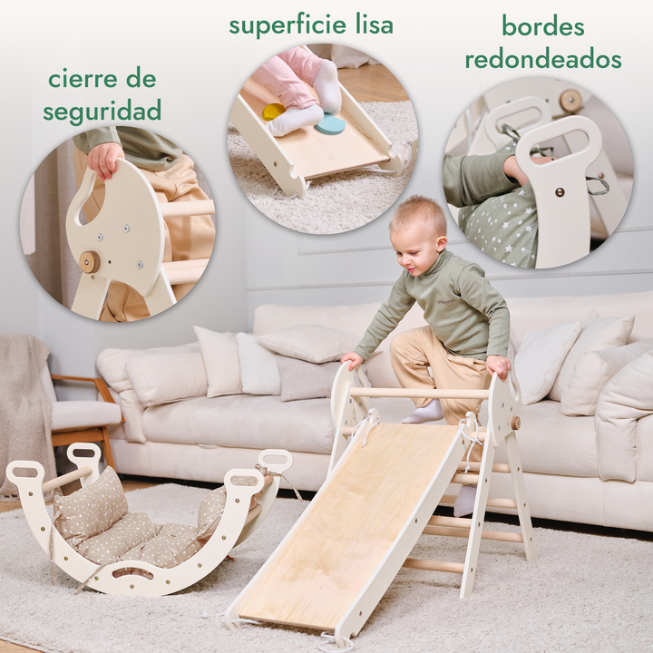 Set de Escalada 4 en 1 para Niños Pequeños: Escalera Triangular + Arco/Rocker + Tobogán/Rampa + Cojín