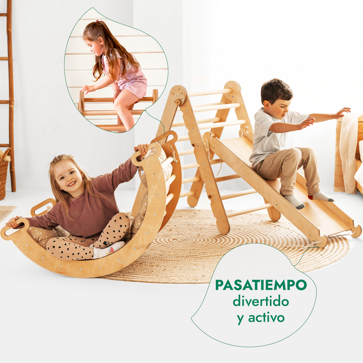 4en1 Montessori Juego de trepa: Escalera Triangular + Arco/Rocker + Tobogán/Rampa + Cojín