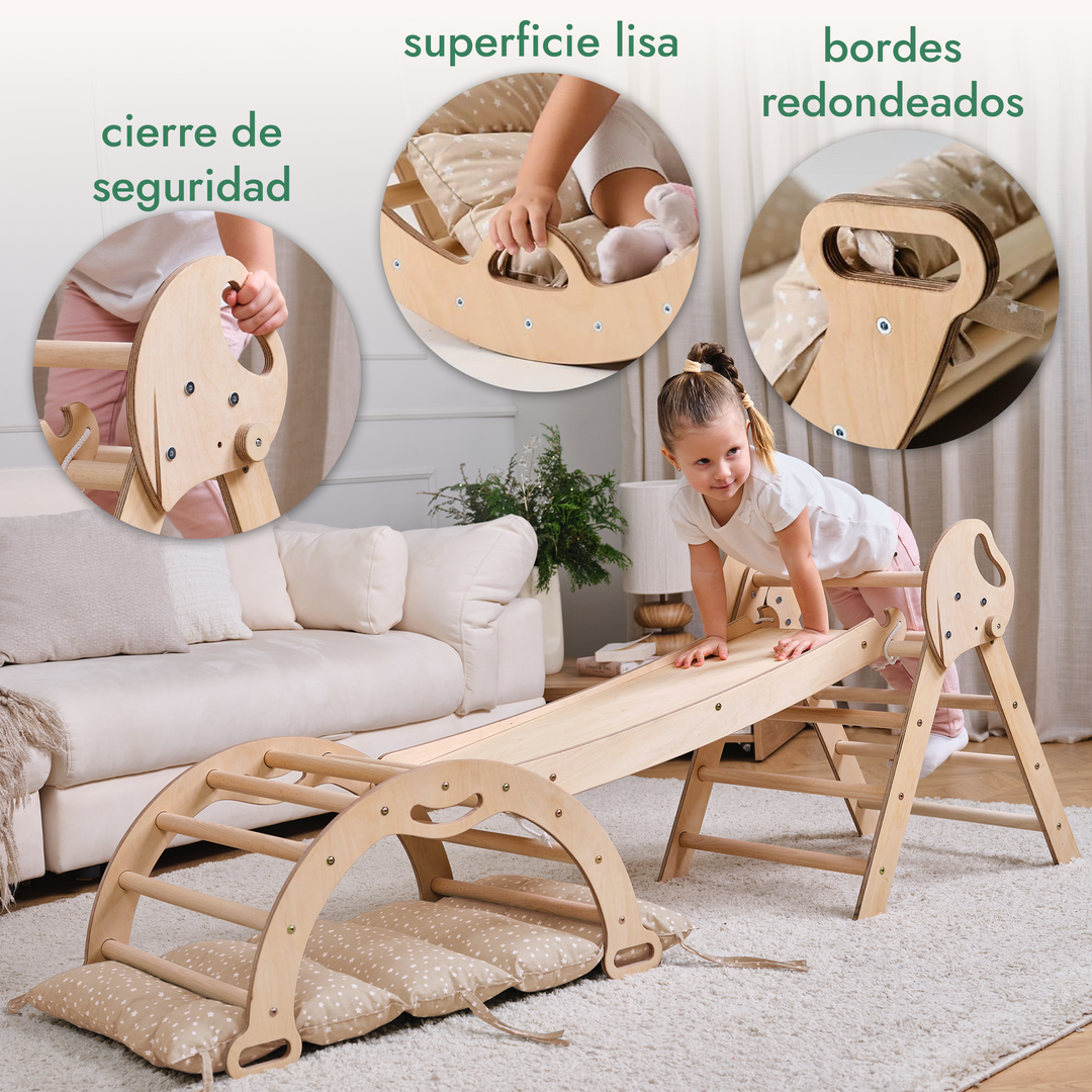 Set de Escalada 4 en 1 para Niños Pequeños: Escalera Triangular + Arco/Rocker + Tobogán/Rampa + Cojín