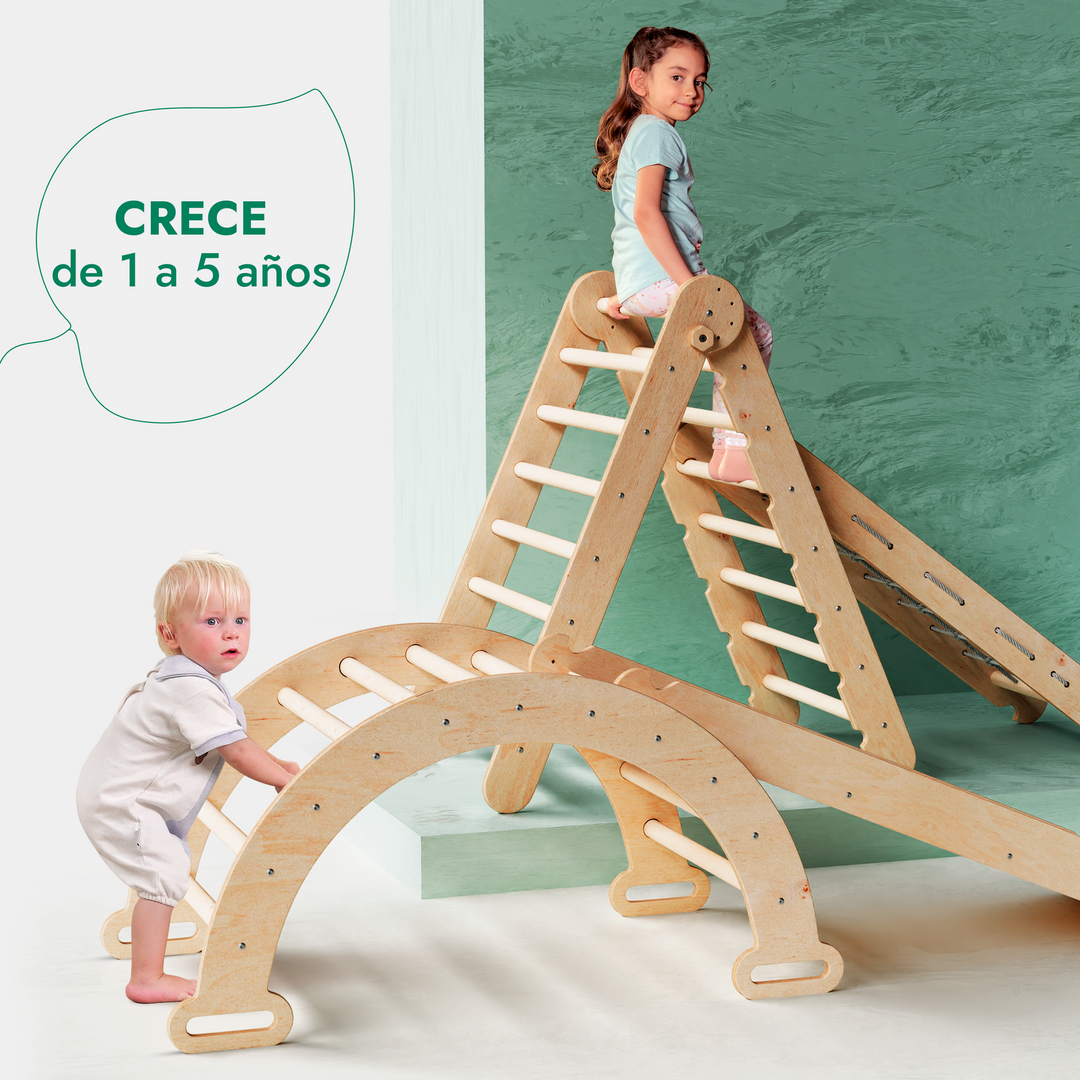 Kit con Escalera triangular 4en1: Escalera triangular + Arco + Tobogán + Red de escalada – Beige