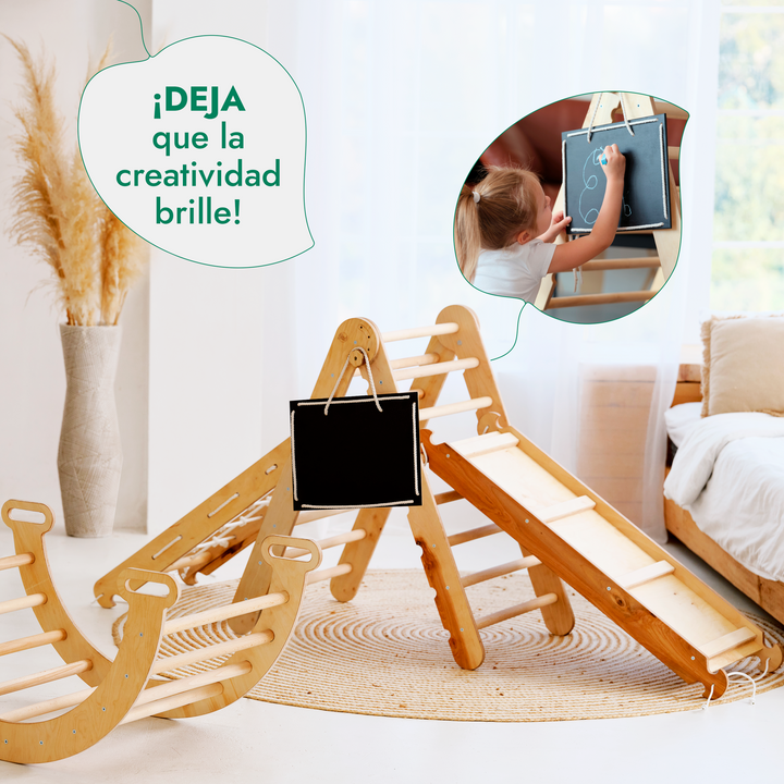 Kit con Escalera triangular 4en1: Escalera triangular + Arco + Tobogán + Red de escalada – Beige