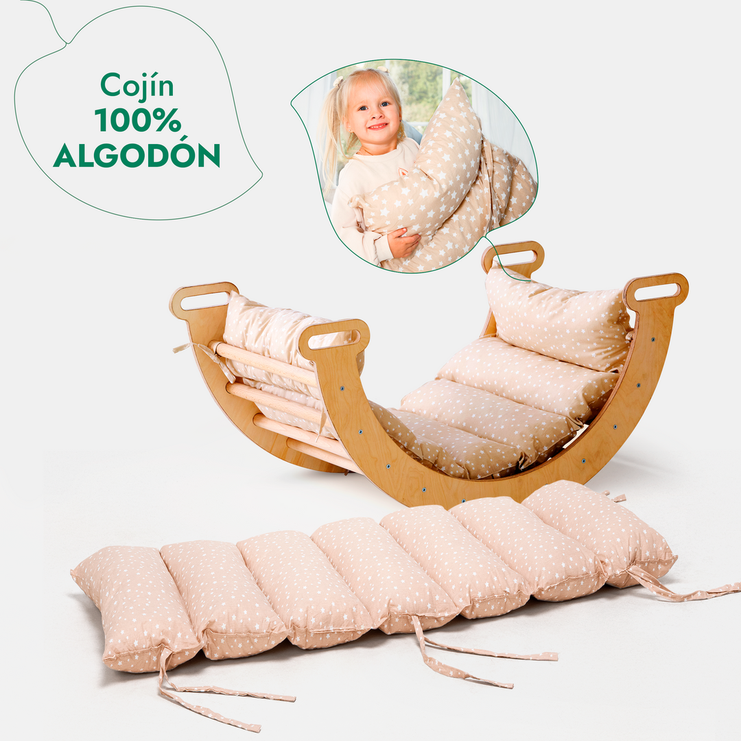 4en1 Montessori Juego de trepa: Escalera Triangular + Arco/Rocker + Tobogán/Rampa + Cojín