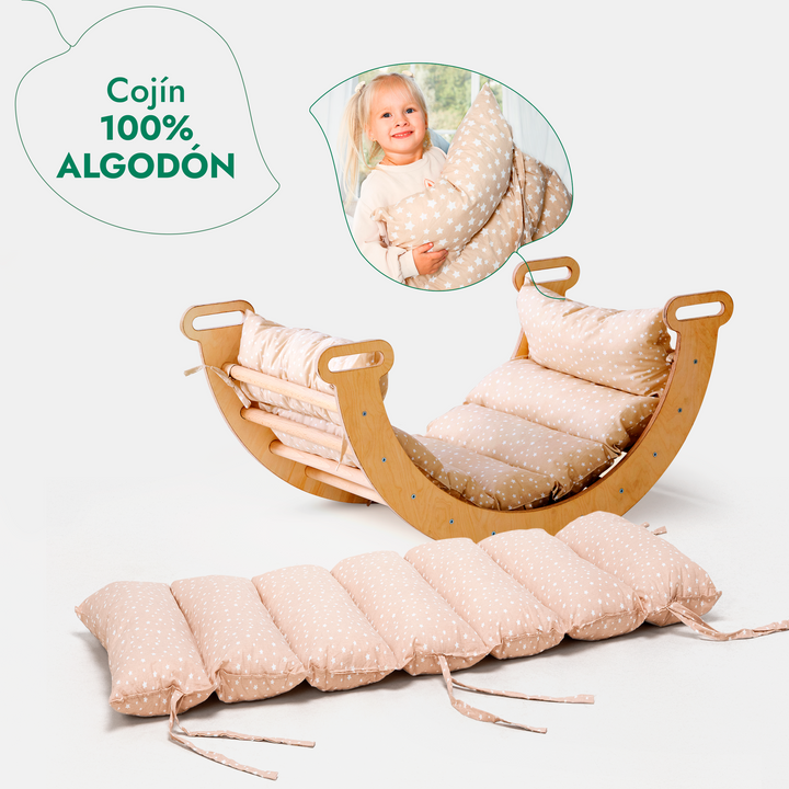 4en1 Montessori Juego de trepa: Escalera Triangular + Arco/Rocker + Tobogán/Rampa + Cojín