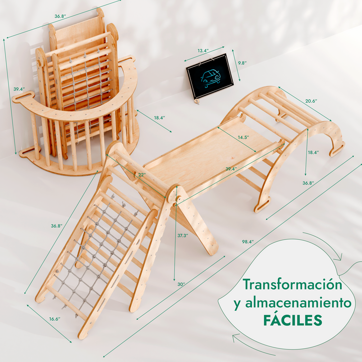 Kit con Escalera triangular 4en1: Escalera triangular + Arco + Tobogán + Red de escalada – Beige