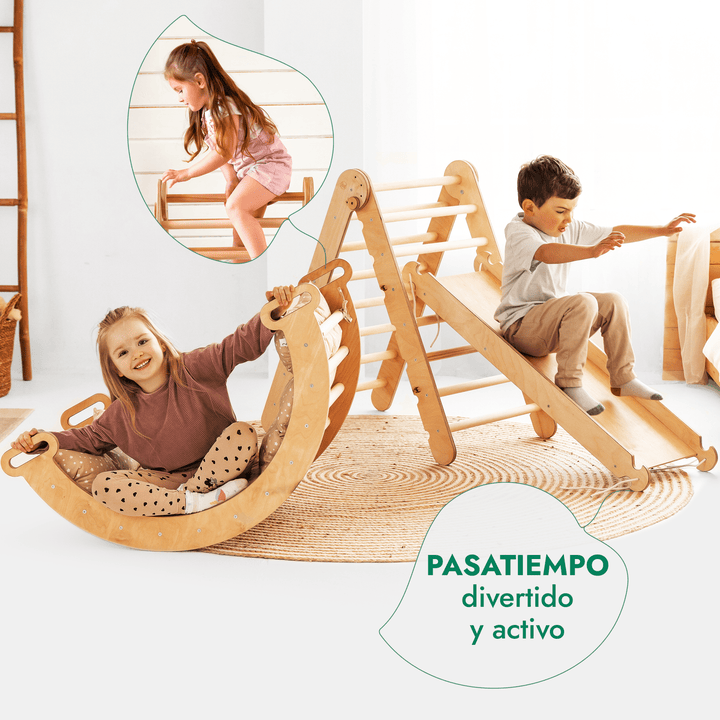 4en1 Montessori Juego de trepa: Escalera Triangular + Arco/Rocker + Tobogán/Rampa + Cojín