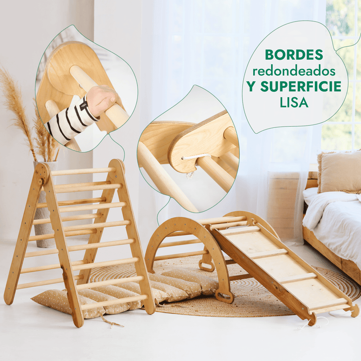 4en1 Montessori Juego de trepa: Escalera Triangular + Arco/Rocker + Tobogán/Rampa + Cojín