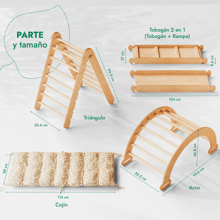 4en1 Montessori Juego de trepa: Escalera Triangular + Arco/Rocker + Tobogán/Rampa + Cojín