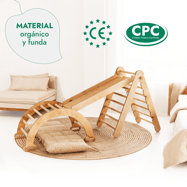 4en1 Montessori Juego de trepa: Escalera Triangular + Arco/Rocker + Tobogán/Rampa + Cojín