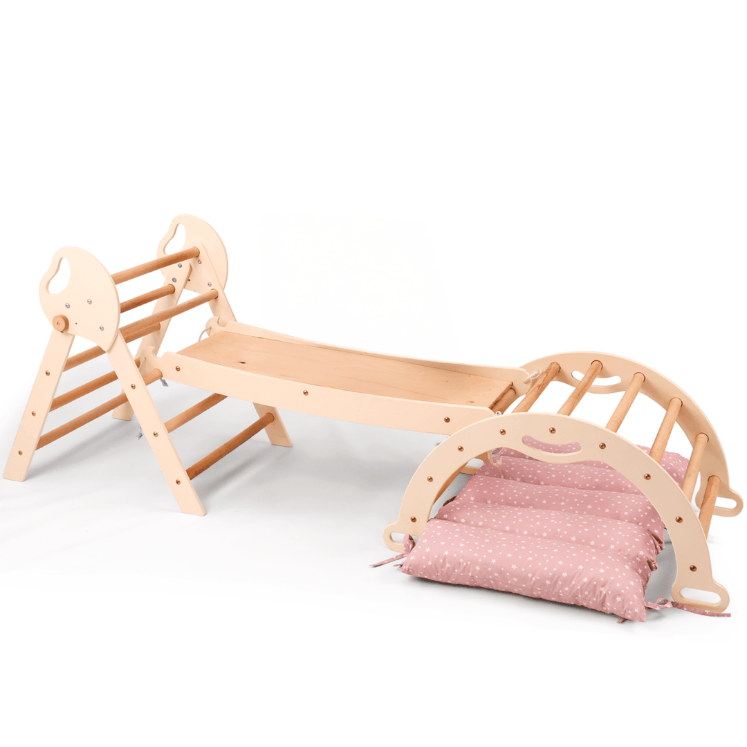 Set de Escalada 4 en 1 para Niños Pequeños: Escalera Triangular + Arco/Rocker + Tobogán/Rampa + Cojín