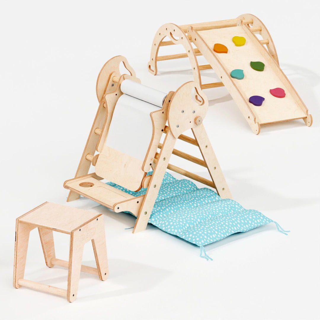 Set de Escalada 5 en 1 para Niños Pequeños: Escalera Triangular + Arco/Rocker + Tobogán/Rampa + Arte Adicional + Cojín