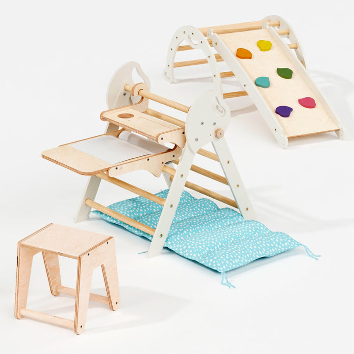 Set de Escalada 5 en 1 para Niños Pequeños: Escalera Triangular + Arco/Rocker + Tobogán/Rampa + Arte Adicional + Cojín