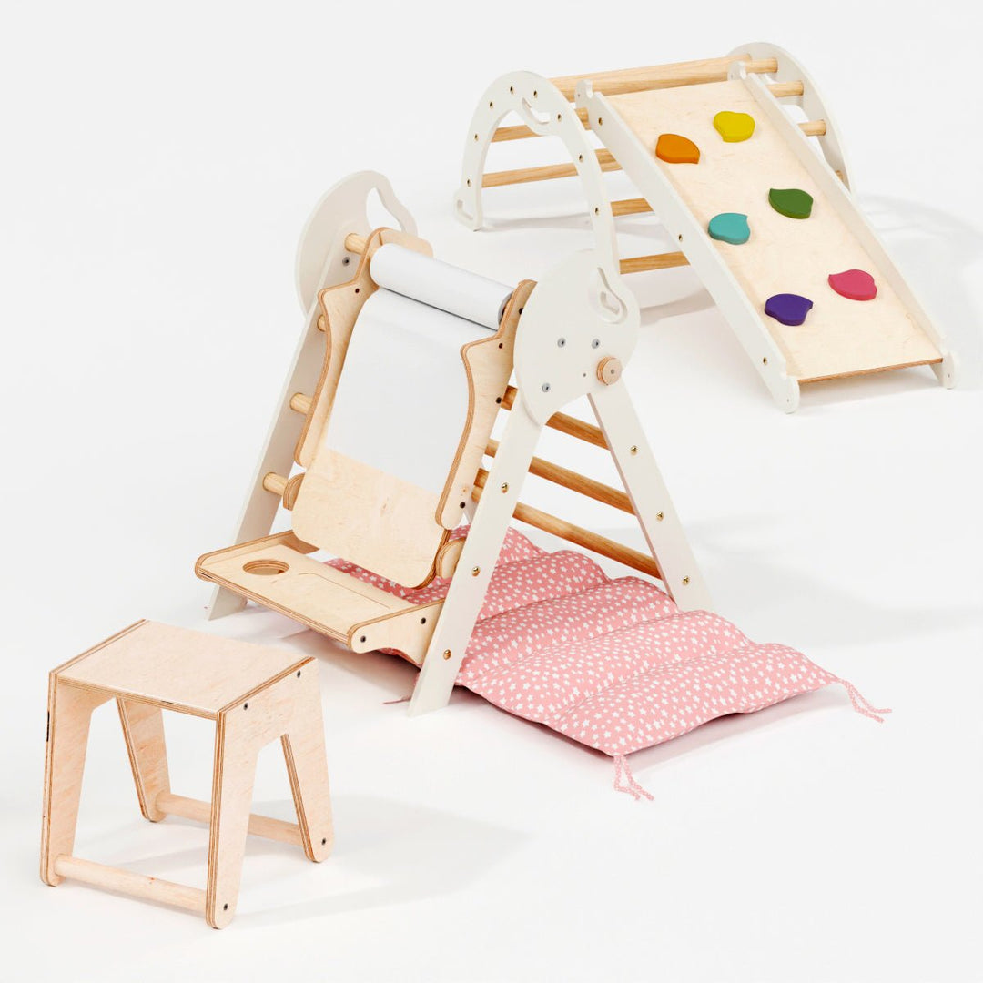 Set de Escalada 5 en 1 para Niños Pequeños: Escalera Triangular + Arco/Rocker + Tobogán/Rampa + Arte Adicional + Cojín