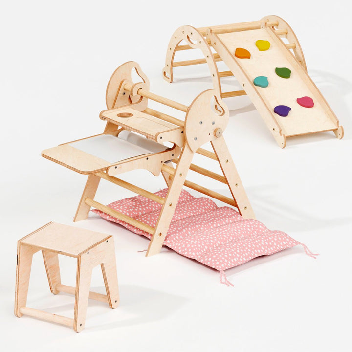 Set de Escalada 5 en 1 para Niños Pequeños: Escalera Triangular + Arco/Rocker + Tobogán/Rampa + Arte Adicional + Cojín