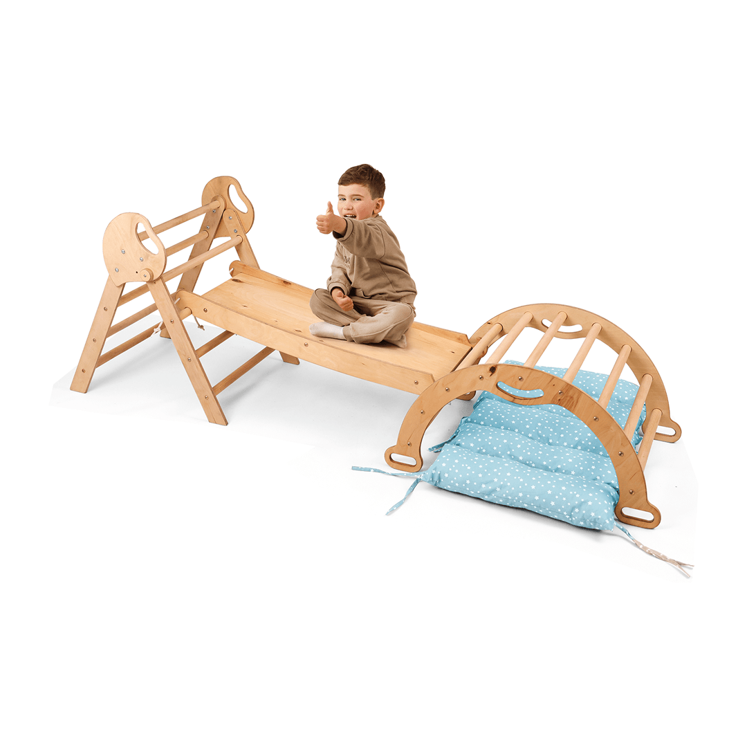 Set de Escalada 4 en 1 para Niños Pequeños: Escalera Triangular + Arco/Rocker + Tobogán/Rampa + Cojín