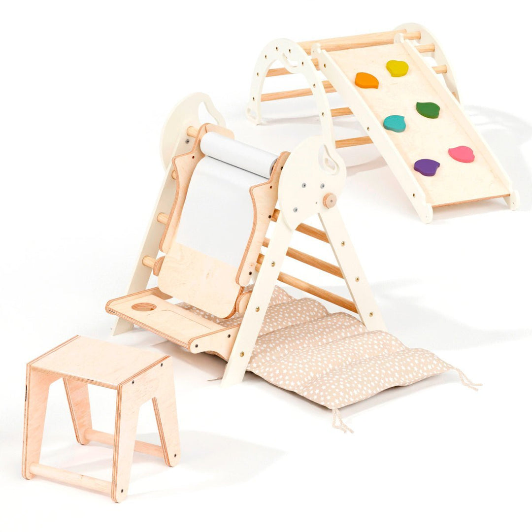 Set de Escalada 5 en 1 para Niños Pequeños: Escalera Triangular + Arco/Rocker + Tobogán/Rampa + Arte Adicional + Cojín