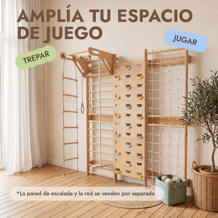5 en 1 Espaldera de Madera con Barra de Dominadas y Set de Columpios 3en1