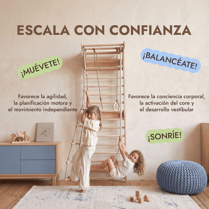 5 en 1 Espaldera de Madera con Barra de Dominadas y Set de Columpios 3en1