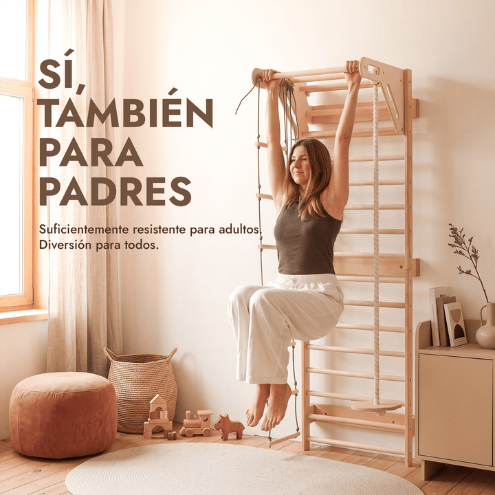 5 en 1 Espaldera de Madera con Barra de Dominadas y Set de Columpios 3en1