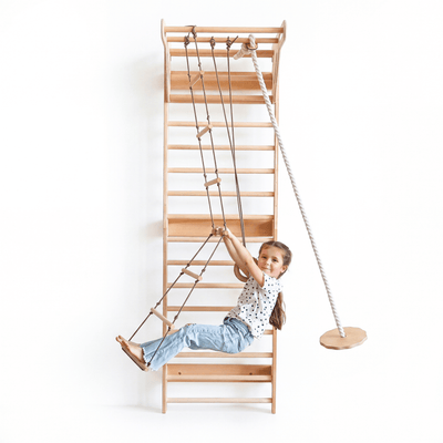 5 en 1 Espaldera de Madera con Barra de Dominadas y Set de Columpios 3en1