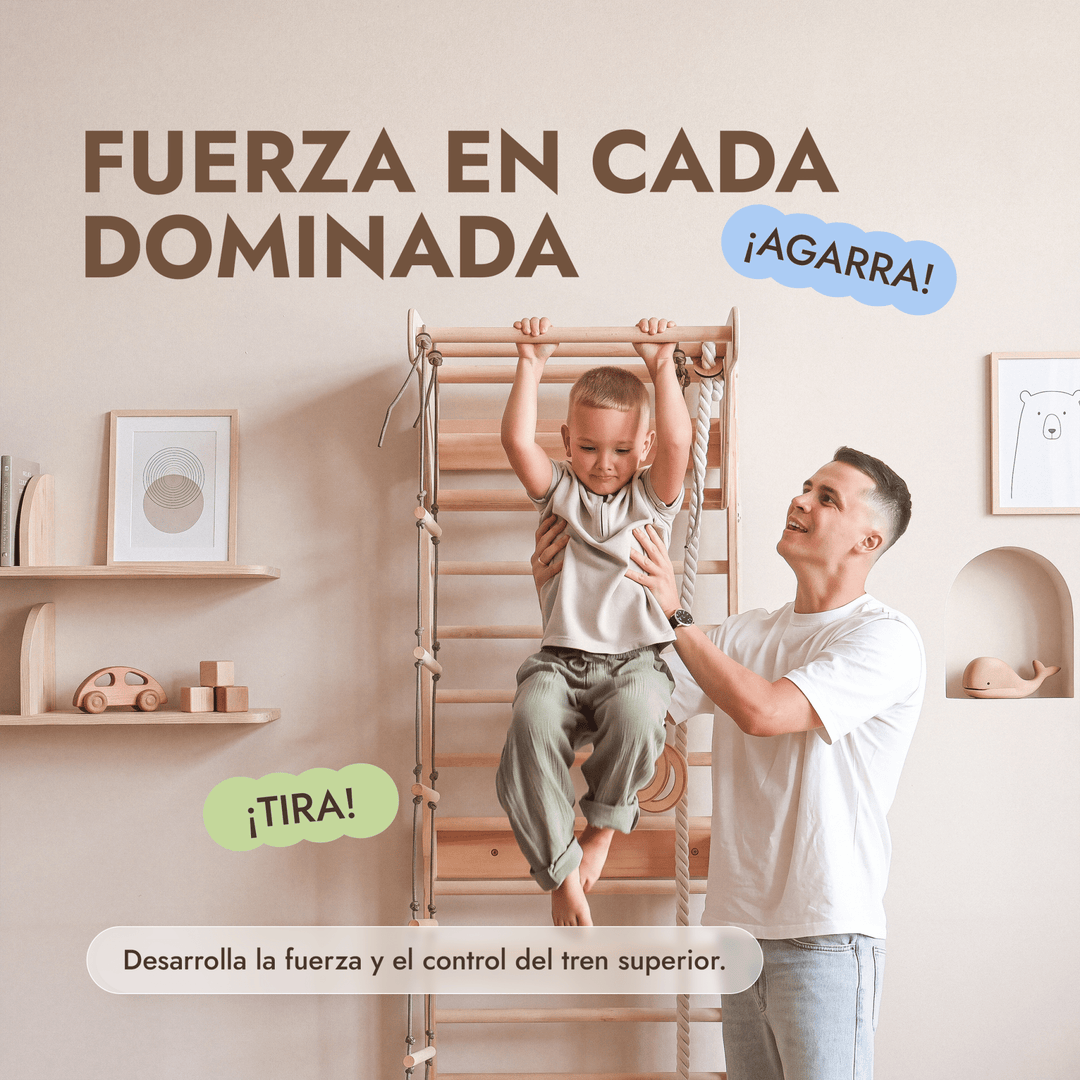 5 en 1 Espaldera de Madera con Barra de Dominadas y Set de Columpios 3en1