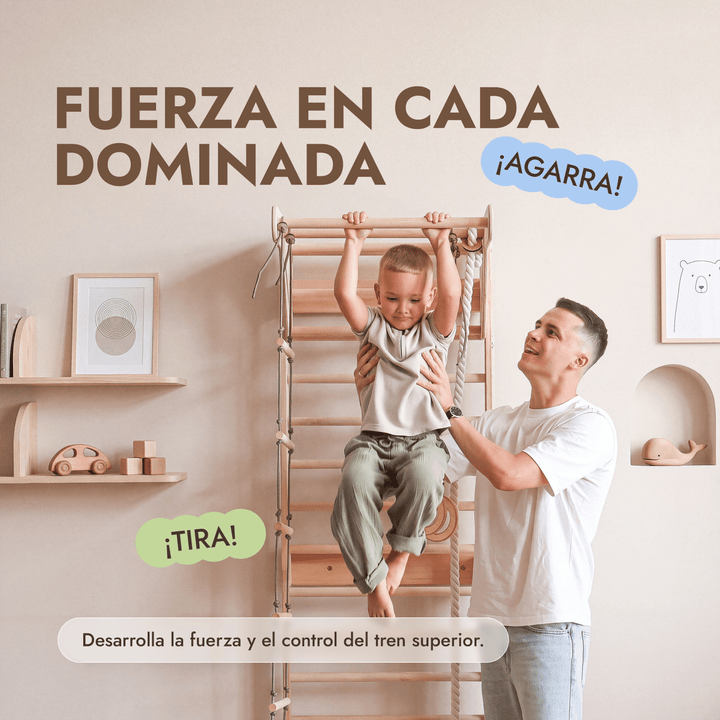 5 en 1 Espaldera de Madera con Barra de Dominadas y Set de Columpios 3en1
