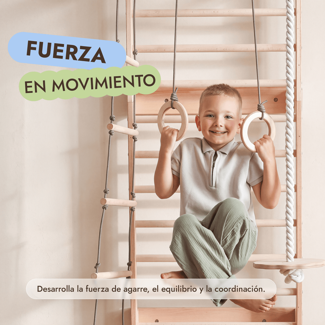 5 en 1 Espaldera de Madera con Barra de Dominadas y Set de Columpios 3en1