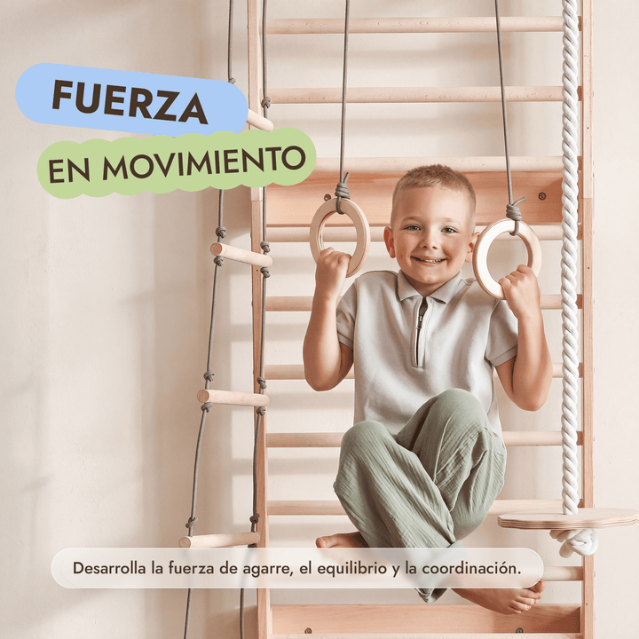 5 en 1 Espaldera de Madera con Barra de Dominadas y Set de Columpios 3en1