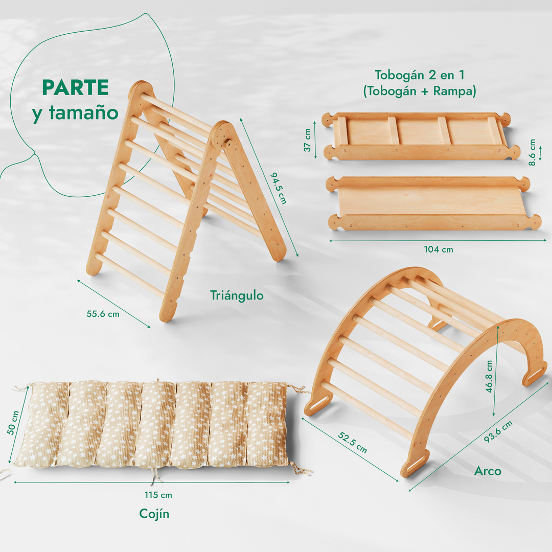 4en1 Montessori Juego de trepa: Escalera Triangular + Arco/Rocker + Tobogán/Rampa + Cojín