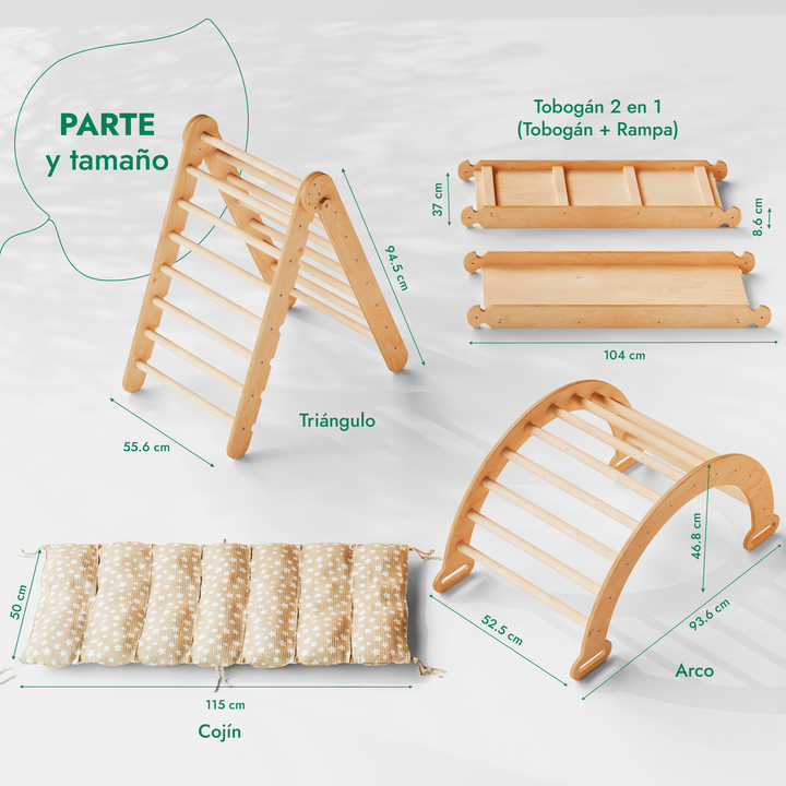 4en1 Montessori Juego de trepa: Escalera Triangular + Arco/Rocker + Tobogán/Rampa + Cojín