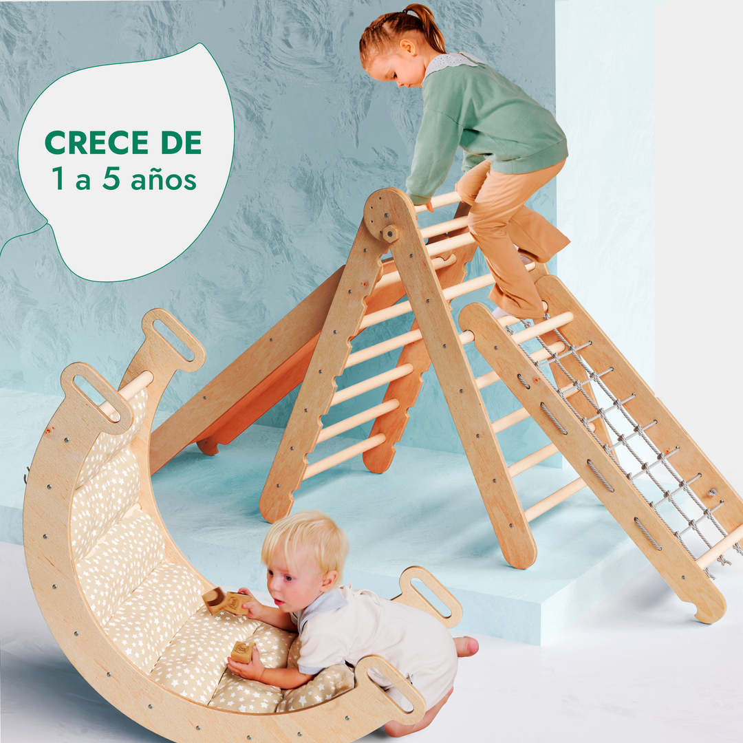 Juego de trepa Montessori 5en1: Escalera triangular + Arco/balancín + Tobogán/rampa + Cuerda de red + Cojín
