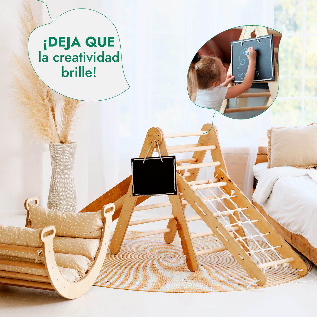 Juego de trepa Montessori 5en1: Escalera triangular + Arco/balancín + Tobogán/rampa + Cuerda de red + Cojín
