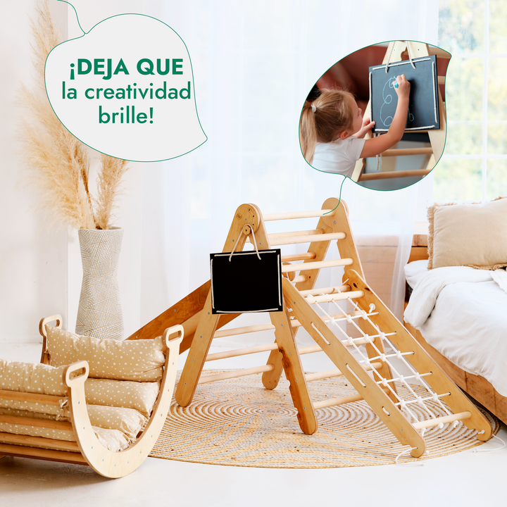 Juego de trepa Montessori 5en1: Escalera triangular + Arco/balancín + Tobogán/rampa + Cuerda de red + Cojín