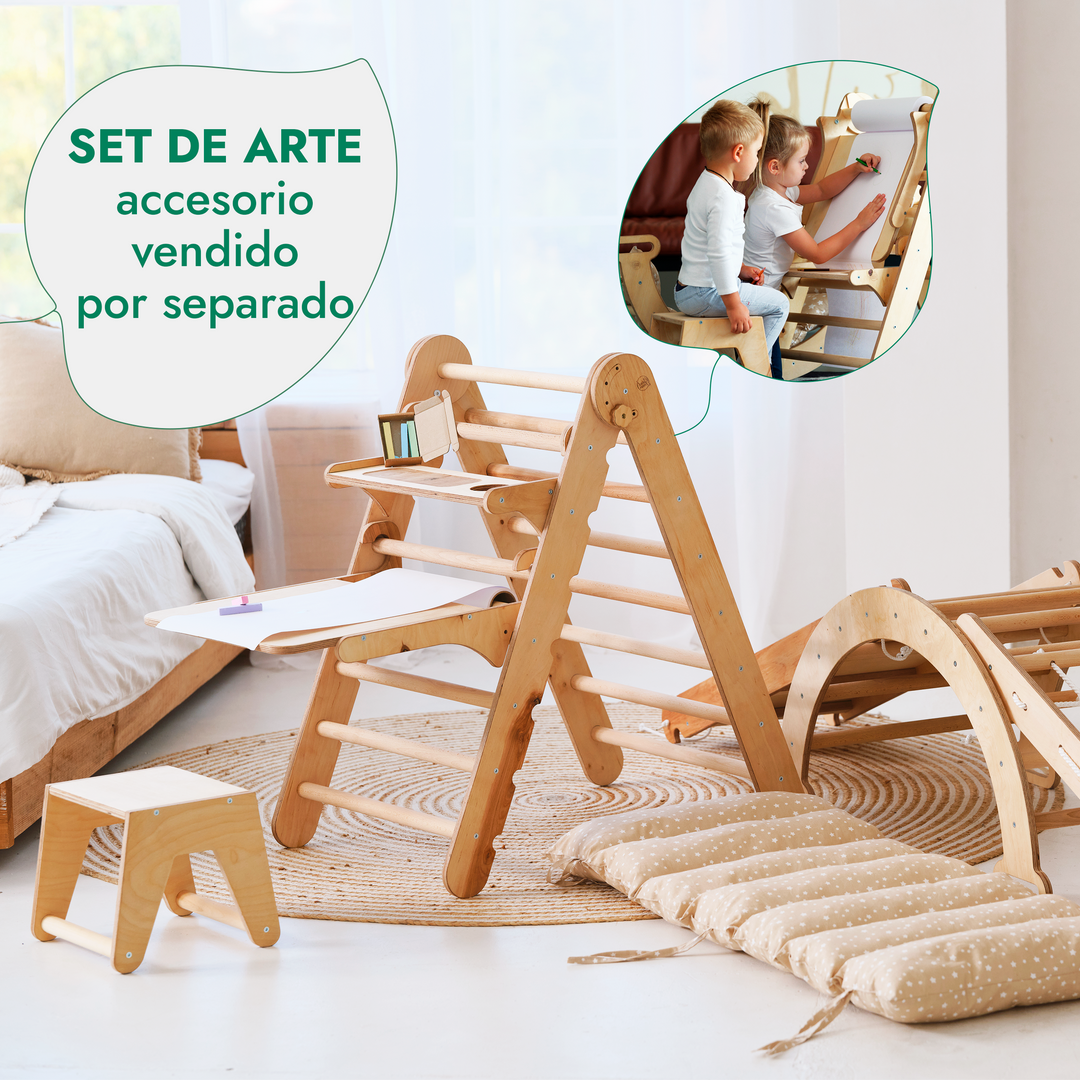 Juego de trepa Montessori 5en1: Escalera triangular + Arco/balancín + Tobogán/rampa + Cuerda de red + Cojín