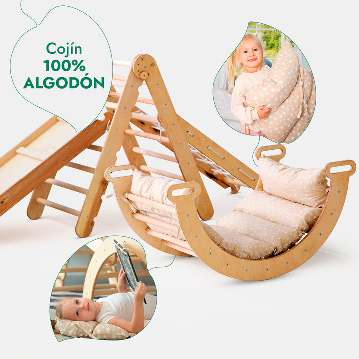 Juego de trepa Montessori 5en1: Escalera triangular + Arco/balancín + Tobogán/rampa + Cuerda de red + Cojín