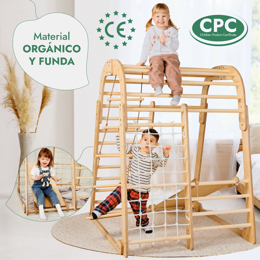 Parque infantil de madera para interior - Parque infantil 7en1 + Juego de columpios + Tobogán +Complemento de Arte