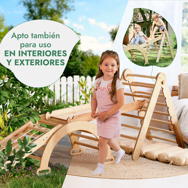 Juego de trepa Montessori 5en1: Escalera triangular + Arco/balancín + Tobogán/rampa + Cuerda de red + Cojín