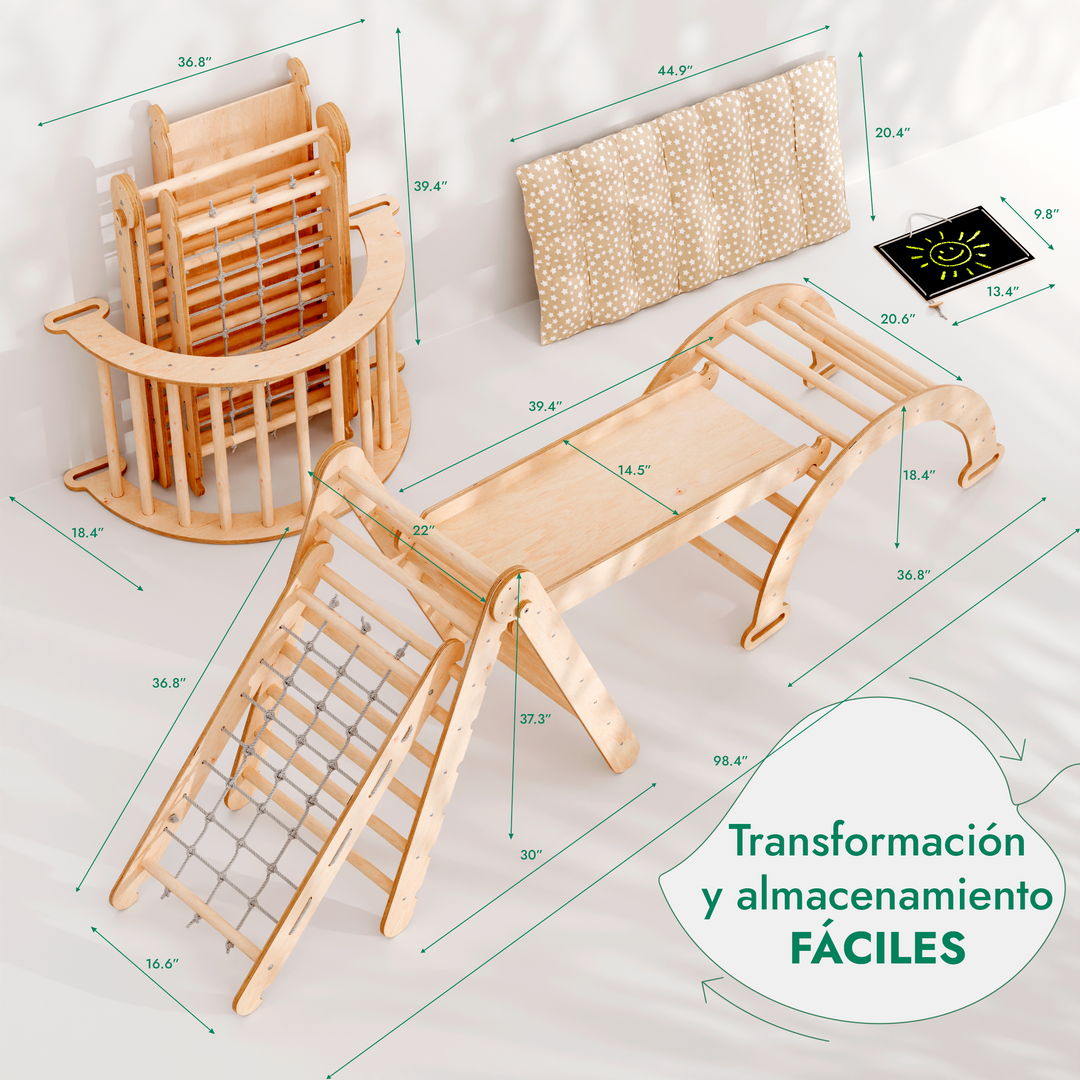 Juego de trepa Montessori 5en1: Escalera triangular + Arco/balancín + Tobogán/rampa + Cuerda de red + Cojín