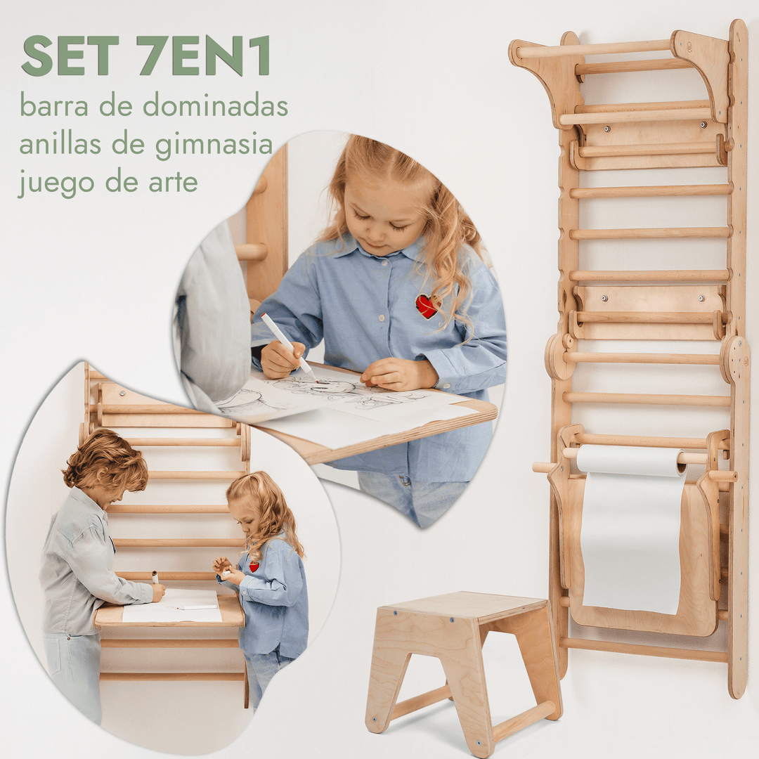 5en1 Pared Sueca de Madera / Escalera para Niños + Columpio + Tobogán + Complemento de Arte