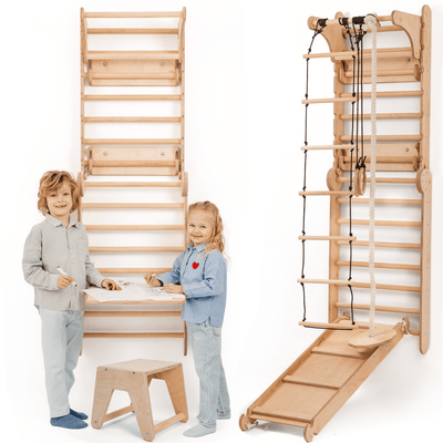 5en1 Pared Sueca de Madera / Escalera para Niños + Columpio + Tobogán + Complemento de Arte