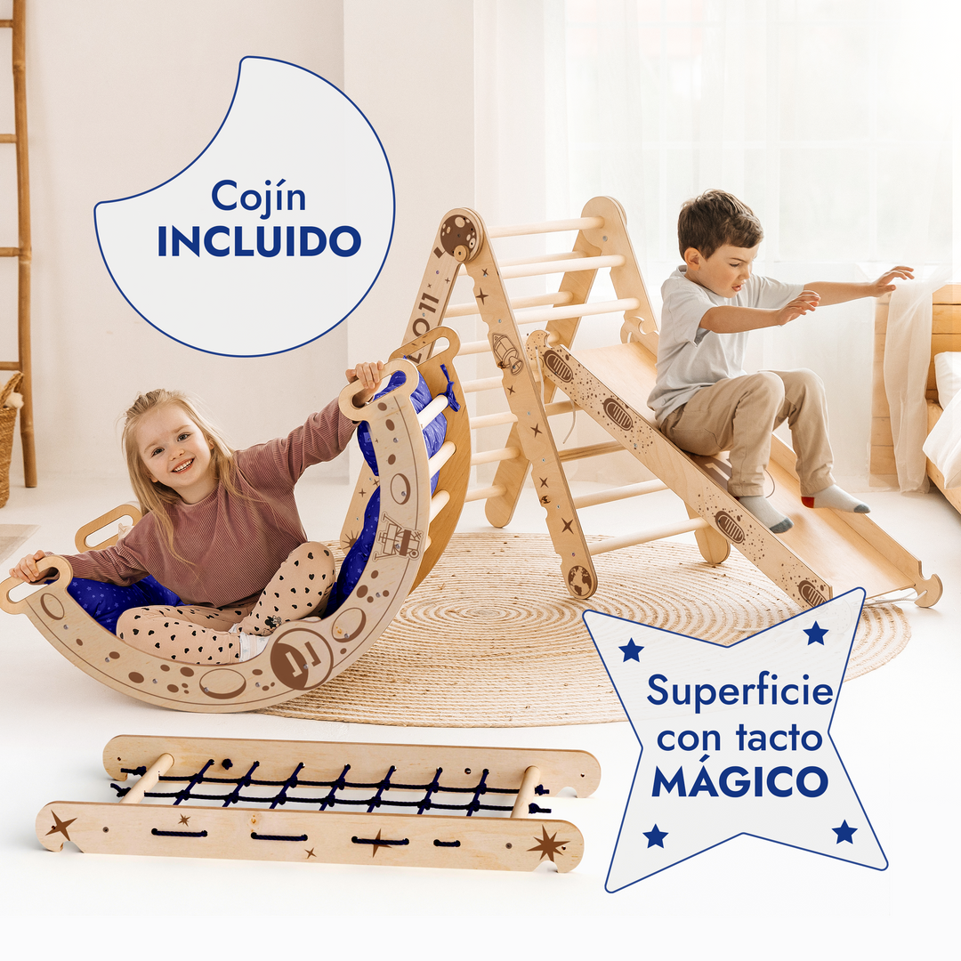 Apollo Pared Sueca / Escalera para Pequeños Astronautas + Columpio Lunar + Tobogán