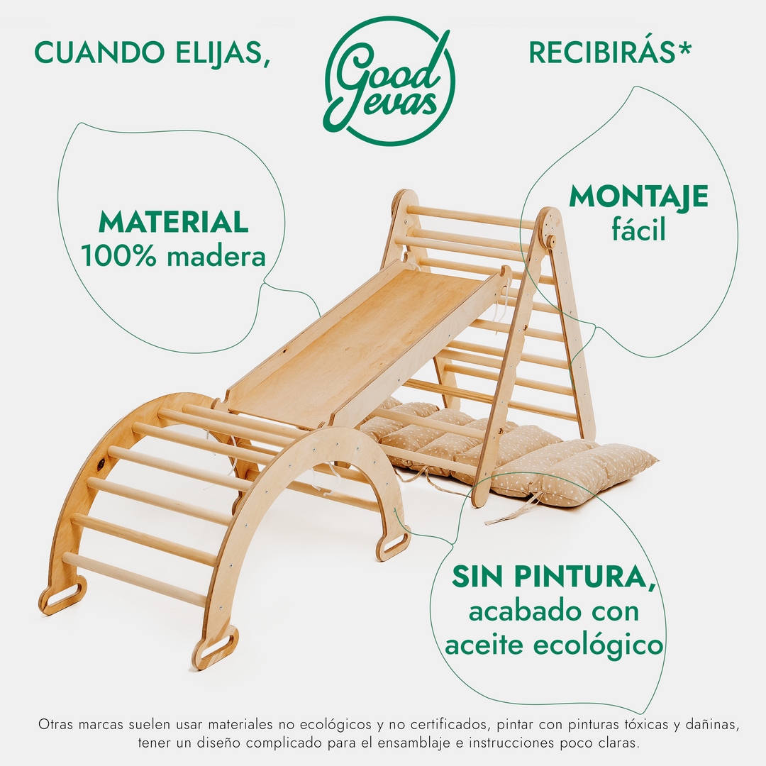 4en1 Montessori Juego de trepa: Escalera Triangular + Arco/Rocker + Tobogán/Rampa + Cojín