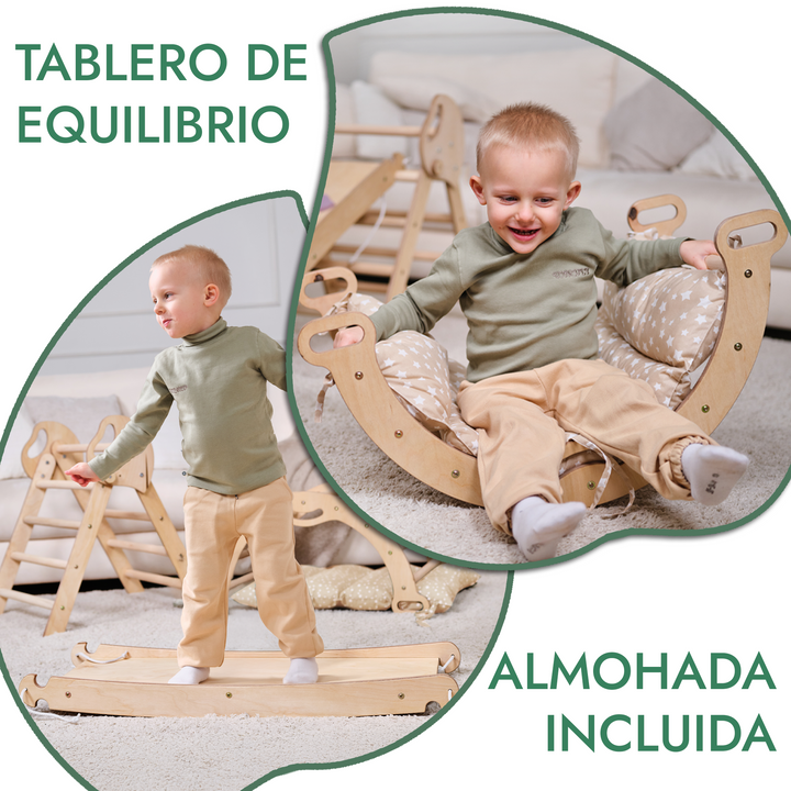 Set de Escalada 4 en 1 para Niños Pequeños: Escalera Triangular + Arco/Rocker + Tobogán/Rampa + Cojín