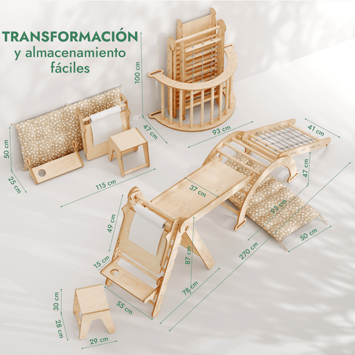 6en1 Montessori Juego de trepa: Escalera Triangular + Arco/Rocker + Tobogán/Rampa + Red + Cojín + Arte Adicional
